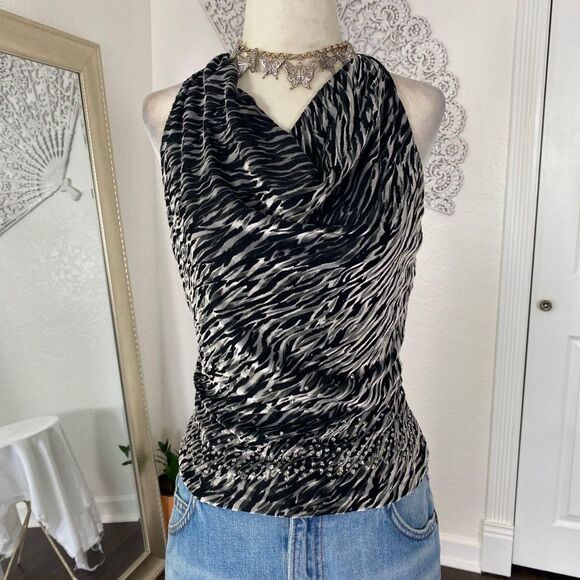Express Early 2000’s Slinky Silver Black Zebra Velvet Sequin Halter Cami Top M - Picture 4 of 7
